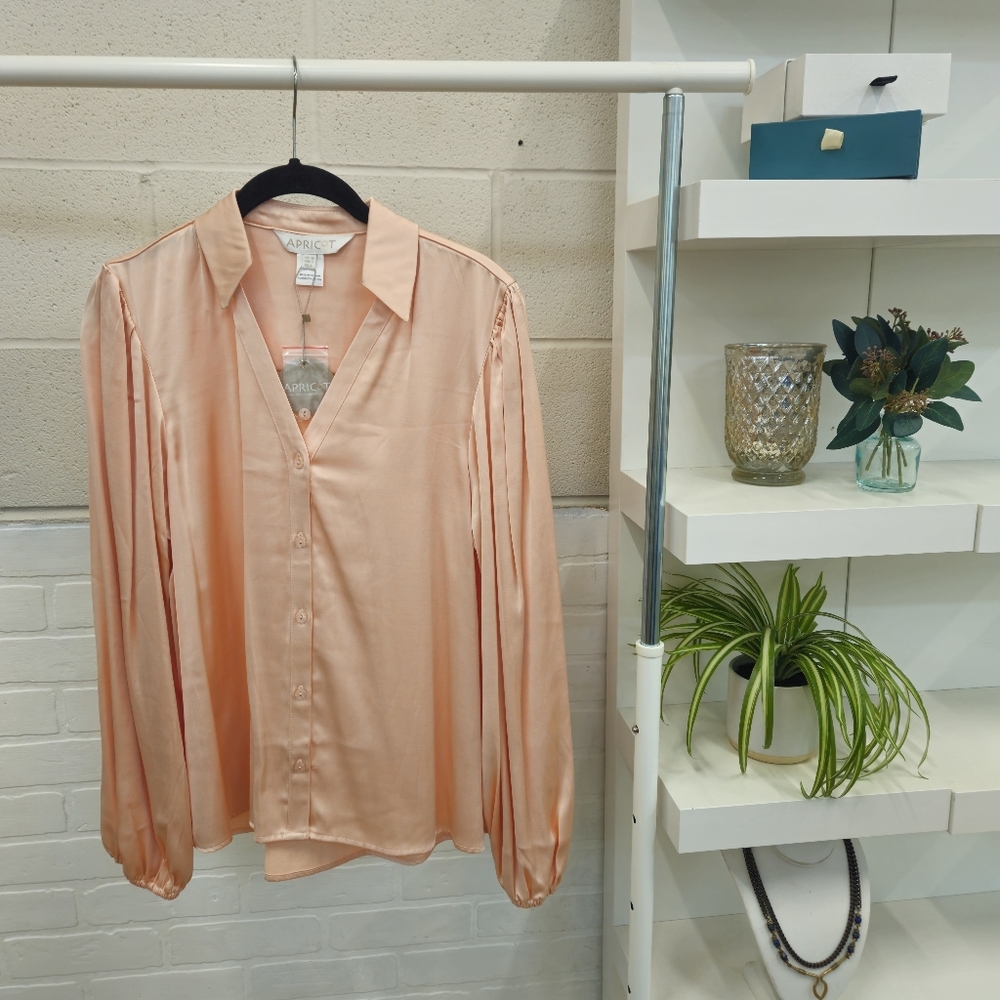 Peach Satin V Neck Collared Blouse - Picture 8 of 12